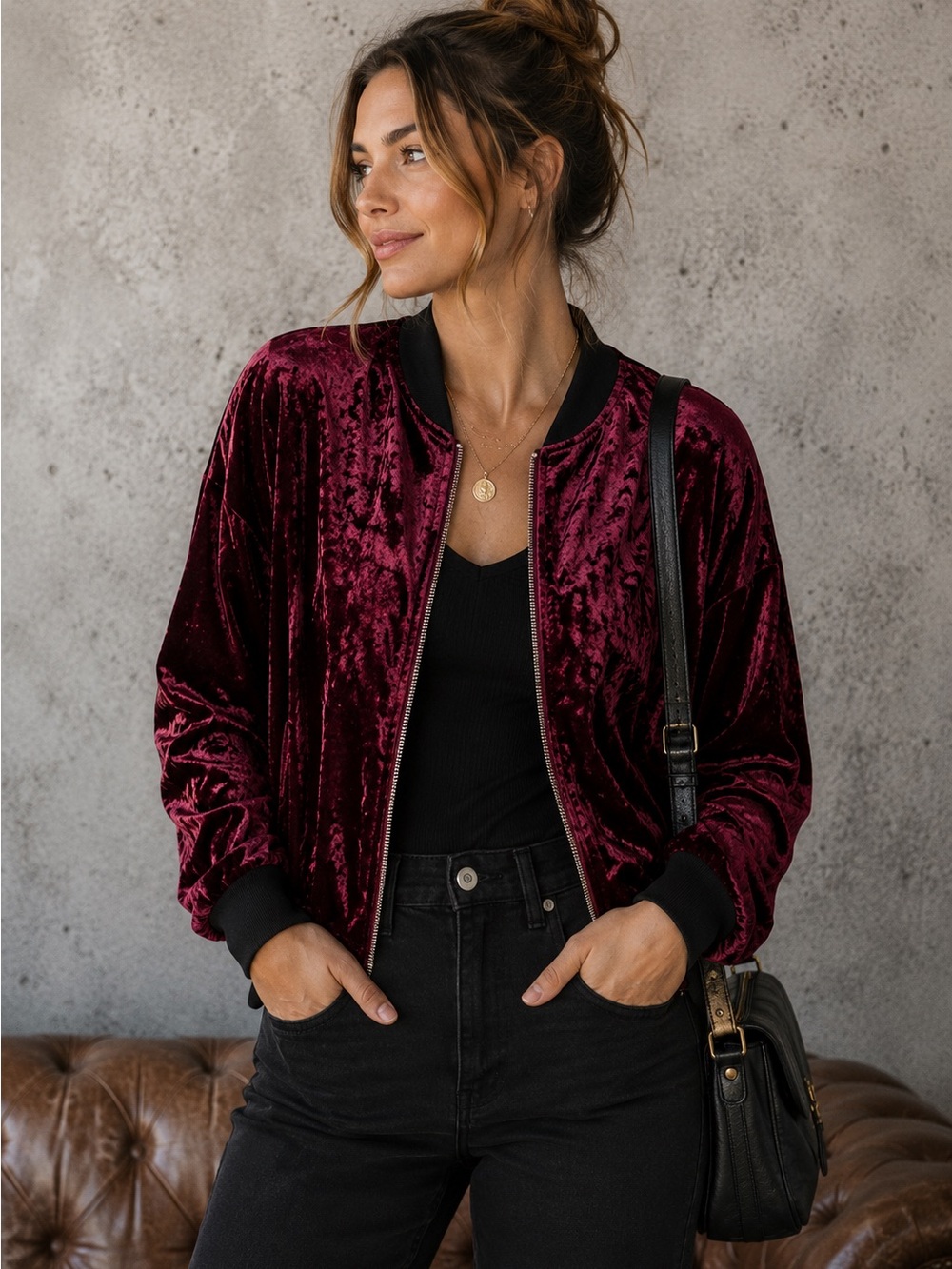 Hem & Thread‎ Burgundy Crush Velour Bomber Jacket